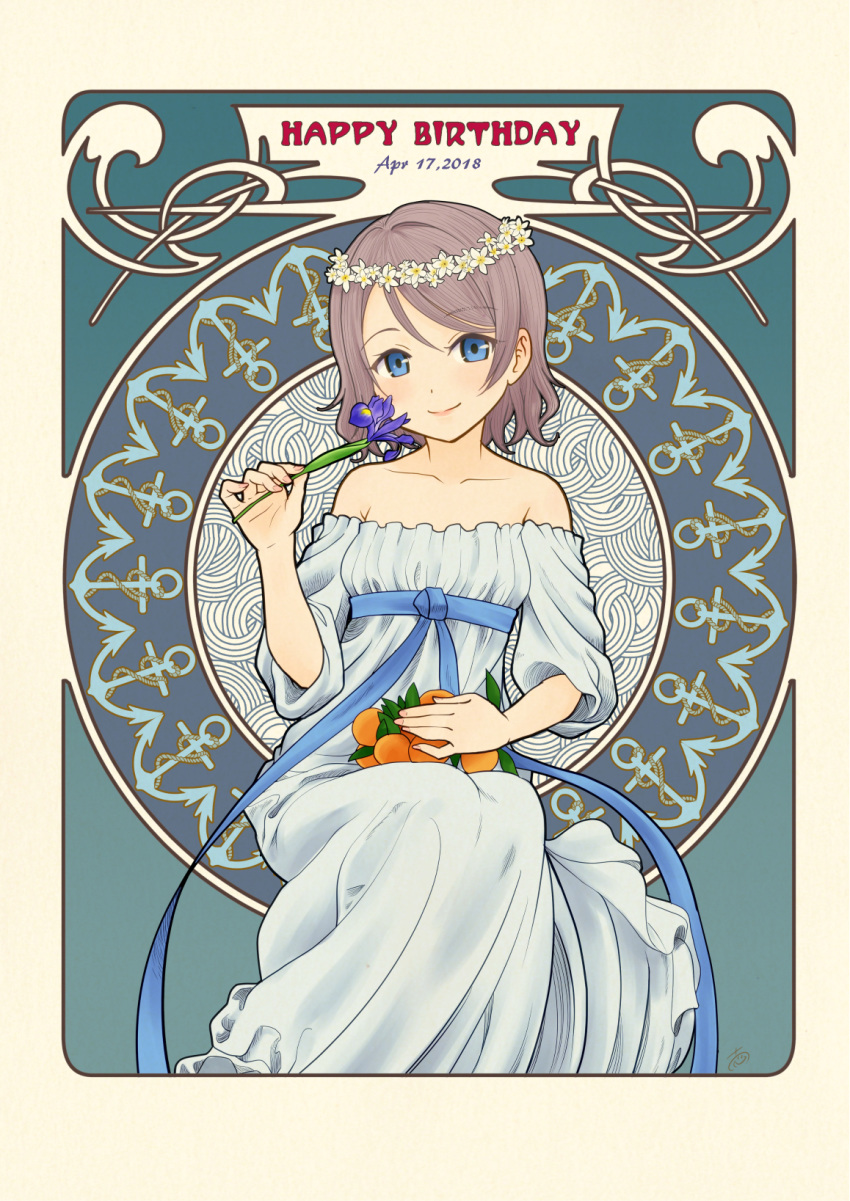 anchor_symbol art_nouveau bare_shoulders blue_dress blue_eyes blue_ribbon collared_shirt commentary_request dated dress female flower food fruit grey_hair happy_birthday head_wreath highres holding holding_flower invisible_chair iris_(flower) jasmine_(flower) looking_at_viewer love_live! love_live!_sunshine!! m-shiganai mandarin_orange ribbon sash shirt short_hair sitting smile solo watanabe_you