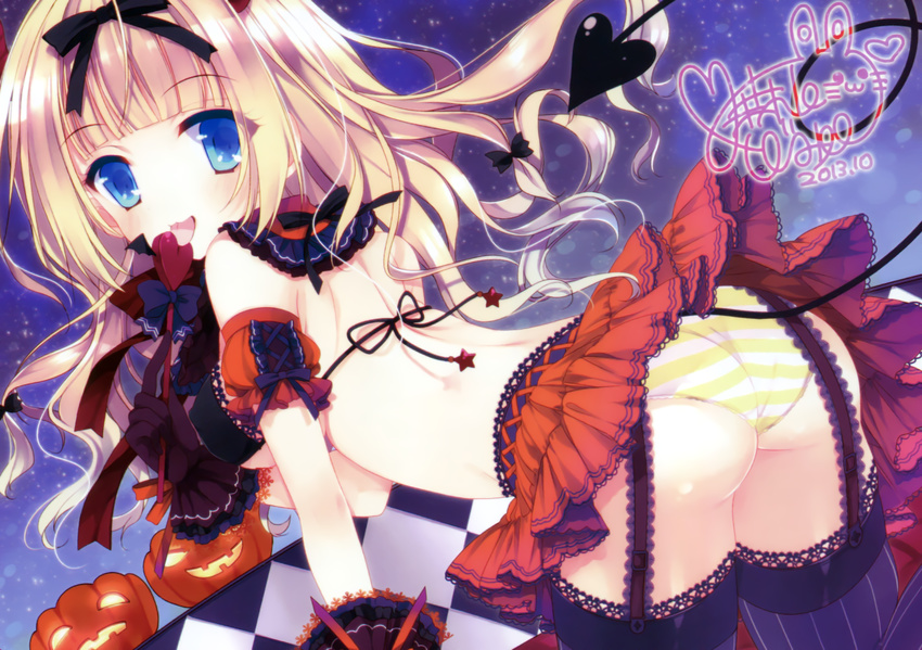 artist_name ass blonde_hair blue_eyes bow candy clothes_lift dated demon_tail detached_collar female food garter_straps hair_ribbon halloween highres jack-o'-lantern lollipop long_hair moriyama_shijimi original panties pinstripe_pattern ribbon signature skirt skirt_lift socks solo striped_clothes striped_panties striped_thighhighs tail thighhighs tongue underwear vertical-striped_clothes vertical-striped_thighhighs