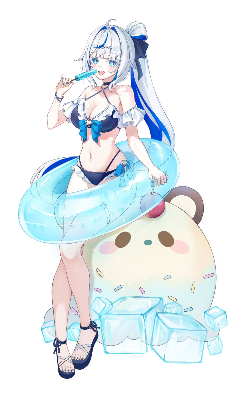 absurdres ahoge aokumo_rin bare_shoulders bikini blue_bikini blue_eyes blue_footwear blue_hair breasts cleavage female food full_body hair_ornament hand_up highres holding holding_food holding_popsicle long_hair looking_at_viewer multicolored_hair navel popsicle sandals simple_background smile solo standing stellive stomach streaked_hair swim_ring swimsuit teeth tongue upper_teeth_only virtual_youtuber white_background white_hair yulha_06