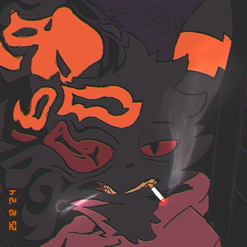 1:1 anthro cigarette clothing digital_media_(artwork) distortion eeveelution fur generation_2_pokemon hi_res hoodie kaelba male nintendo pokemon pokemon_(species) pokemorph smoke smoking solo standing topwear umbreon