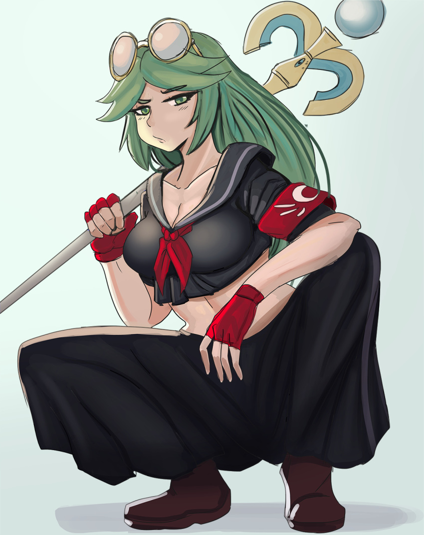 alternate_costume black_serafuku black_skirt breasts brown_footwear cleavage delinquent eyewear_on_head ezzydraws female fingerless_gloves full_body gloves green_eyes highres holding holding_staff kid_icarus kid_icarus_uprising looking_at_viewer palutena round_eyewear school_uniform serafuku skirt solo squatting staff sukeban