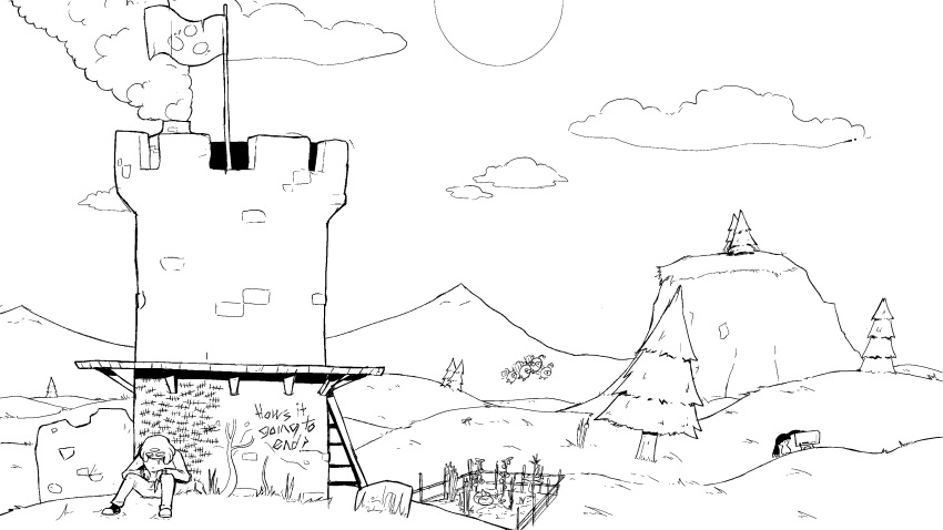 absurd_res afuckingcamel-zenge-art_(artist) anthro black_and_white bobfae farm flag hi_res humanoid hylotl kenta_(afuckingcamel) male monochrome plant poptop_(starbound) smoke starbound tower