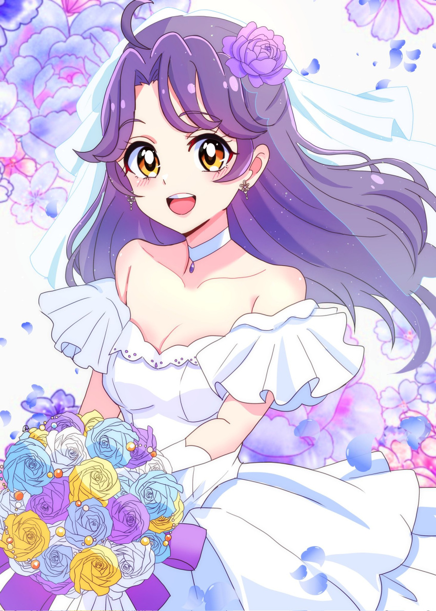 :d ahoge blue_flower blush bouquet breasts bridal_veil choker cleavage collarbone dress earrings female floating_hair flower gloves hair_flower hair_ornament highres holding holding_bouquet jewelry long_hair looking_at_viewer medium_breasts momotarouooi pendant precure purple_flower purple_hair rose short_sleeves smile solo suzumura_sango tropical-rouge!_precure veil wedding_dress white_choker white_dress white_flower white_gloves yellow_eyes yellow_flower