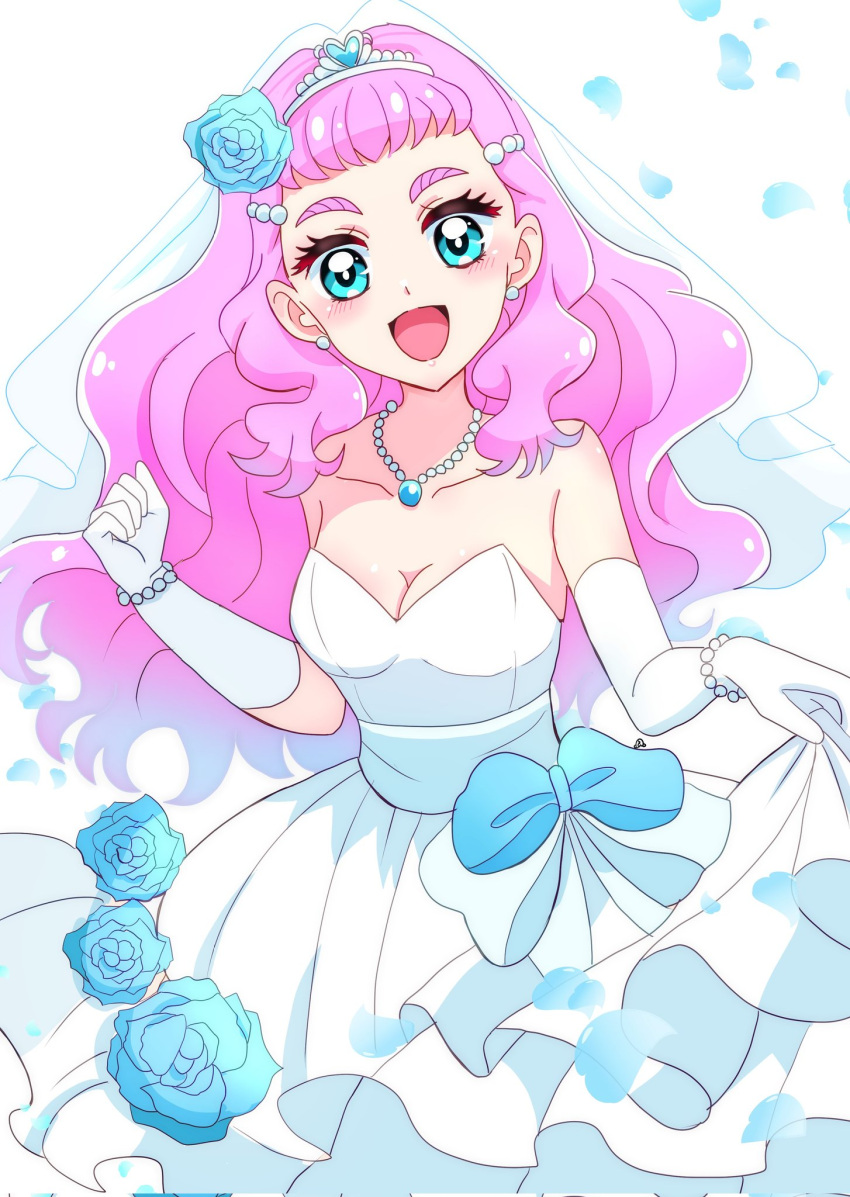 :d blue_bow blue_eyes blue_flower blush bow bracelet breasts cleavage collarbone diadem dress earrings elbow_gloves female flower gloves hair_flower hair_ornament highres jewelry laura_la_mer long_hair looking_at_viewer medium_breasts momotarouooi necklace pink_hair precure skirt_hold smile solo strapless strapless_dress tropical-rouge!_precure very_long_hair wedding_dress white_dress white_gloves