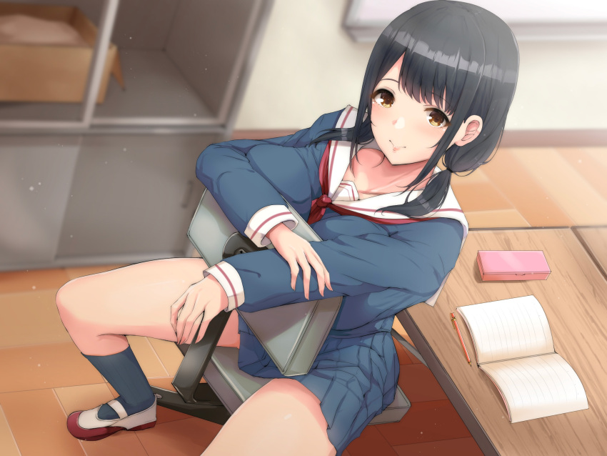 black_socks blue_serafuku blue_shirt blue_skirt blurry blurry_background breast_press breasts chair commentary_request desk female highres large_breasts loafers long_hair non-web_source notebook original pencil pencil_case pleated_skirt ryuu. sail sailor_collar school_uniform serafuku shirt shoes sidelocks sitting skirt sleeveless smile socks solo spread_legs swivel_chair table white_footwear white_sailor_collar wooden_floor