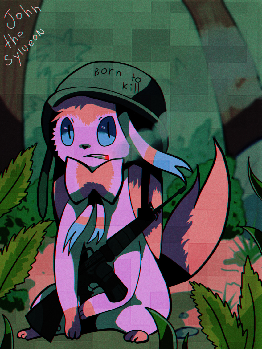 2016 3_toes ak-47 ak_platform army_helmet assault_rifle black_nose blue_eyes character_name cigarette cigarette_in_mouth cigarette_smoke colored digital_drawing_(artwork) digital_media_(artwork) eeveelution english_text fan_character feet feral fern fur generation_6_pokemon grass green_helmet gun hi_res holding_gun holding_object holding_ranged_weapon holding_weapon john_(shadnoir) male male_feral nintendo object_in_mouth outside paws pink_body pink_ears pink_fur pink_tail plant pokemon pokemon_(species) pupils purple_body purple_fur quadruped ranged_weapon ribbons_(anatomy) rifle rock shaded shadnoir shrub sitting slit_pupils smoke smoking smoking_cigarette solo sylveon tail text text_on_helmet toes tree vietnam_war weapon