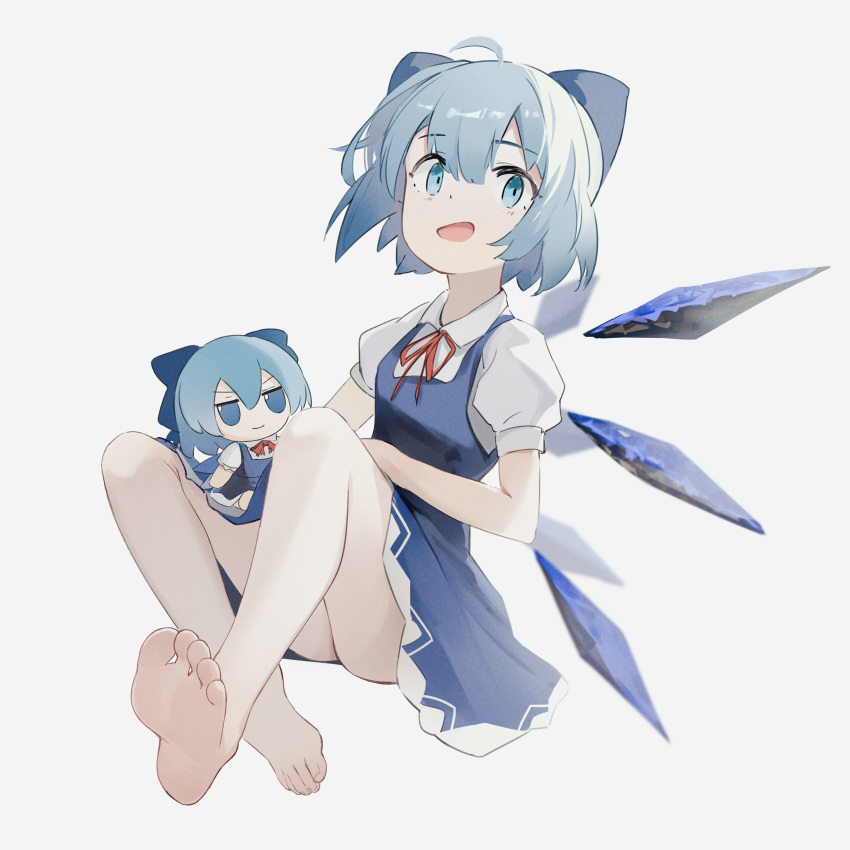 absurdres ahoge bare_legs barefoot blue_bow blue_dress blue_eyes blue_hair bow check_commentary cirno cirno_day collared_dress commentary_request dress feet female foot_focus full_body fumo_(doll) grey_background hairbow highres ice ice_wings on_floor open_mouth puffy_short_sleeves puffy_sleeves red_ribbon ribbon short_hair short_sleeves simple_background sitting soles toes touhou wings ykuu_yousei