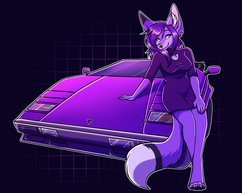 80's_theme anthro canid canine car countach emberfox female fennec_fox fox hair hi_res lamborghini long_hair mammal purple_body sassy sly solo sports_car tidehardt trans_(lore) true_fox vehicle