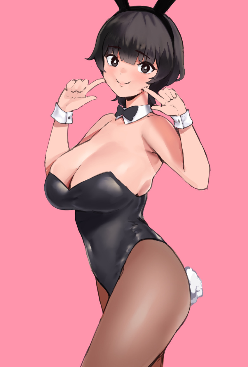 absurdres bare_shoulders black_bow black_bowtie black_eyes black_hair bow bowtie breasts cleavage curvy detached_collar female fingers_to_cheeks highres large_breasts looking_at_viewer original pantyhose pink_background playboy_bunny pointing short_hair simple_background smile solo thighs wrist_cuffs yotamono