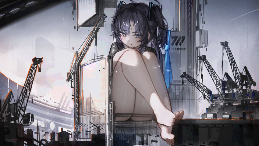 absurdres black_halo blue_archive blue_necktie building construction construction_site crane_(machine) female giant giantess greedice halo highres mechanical_halo necktie purple_eyes purple_hair solo thick_thighs thighs yuuka_(blue_archive)