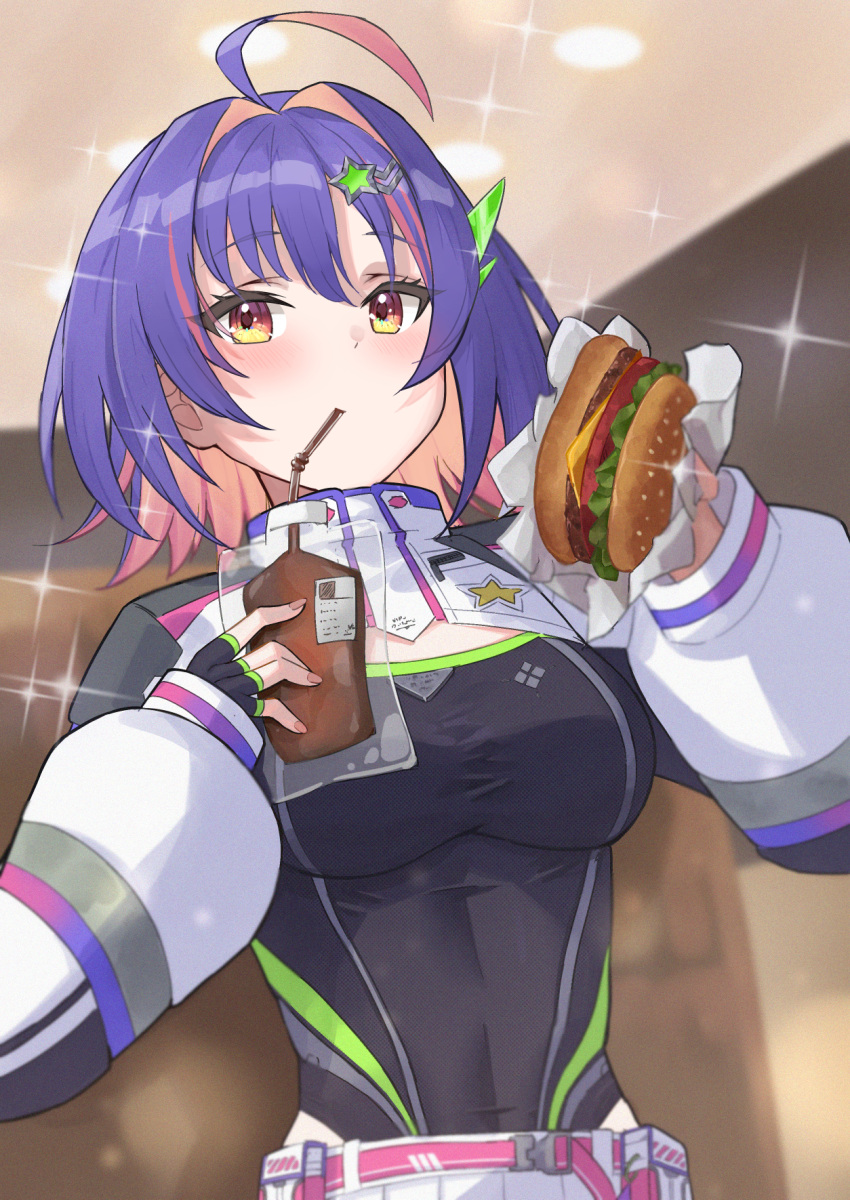 ahoge bag belt belt_pouch black_gloves black_leotard blurry blurry_background blush breasts burger ceiling_light cheese collared_shrug colored_inner_hair commentary drink_bag drinking drinking_straw drinking_straw_in_mouth female fingerless_gloves fingernails food food_wrapper from_below gloves hair_intakes hair_ornament hairclip hands_up highleg highleg_leotard highres holding holding_burger holding_food indoors large_breasts leotard lettuce long_sleeves looking_at_viewer looking_down multicolored_hair nail_polish pink_belt pink_hair pink_nails plastic_bag pouch puffy_long_sleeves puffy_sleeves purple_hair red_eyes short_hair shrug_(clothing) skirt sliced_cheese solari_riko solo sparkle star_(symbol) star_hair_ornament streaked_hair taut_leotard thick_eyelashes tomato tomato_slice upper_body virtual_youtuber vspo! vspo!_en white_shrug white_skirt yoto_4102