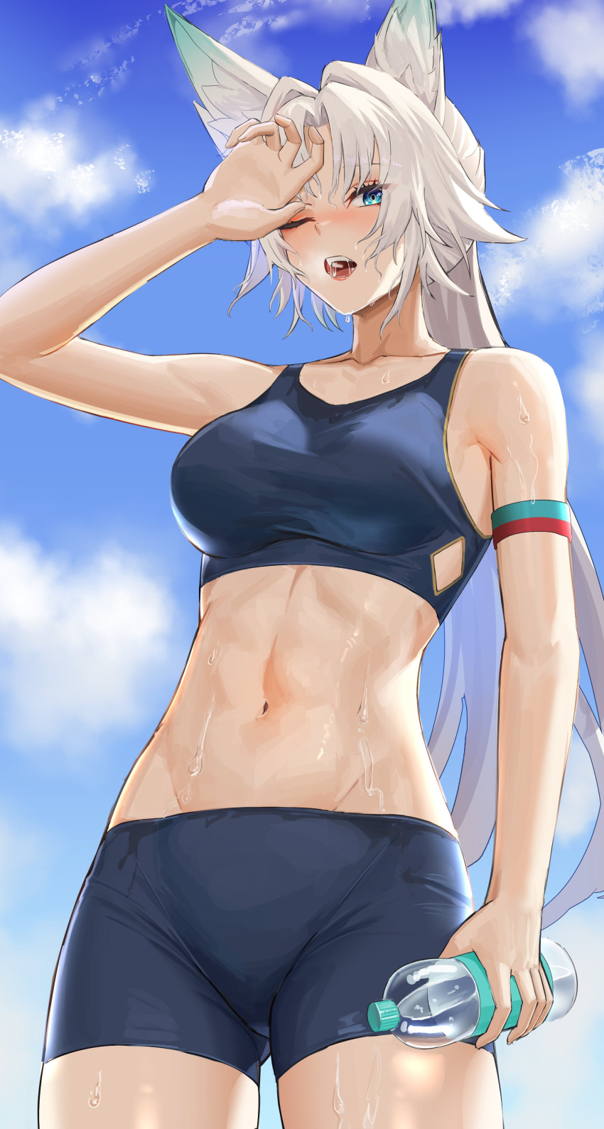 absurdres animal_ears anoreika_tomoe bare_arms bare_shoulders blue_eyes blue_shorts blue_sky bottle cloud cowboy_shot crop_top day feixiao_(honkai:_star_rail) female fox_ears highres holding holding_bottle honkai:_star_rail honkai_(series) long_hair looking_at_viewer midriff navel one_eye_closed open_mouth shorts sky solo sports_bra standing stomach sweat thighs very_long_hair water_bottle white_hair