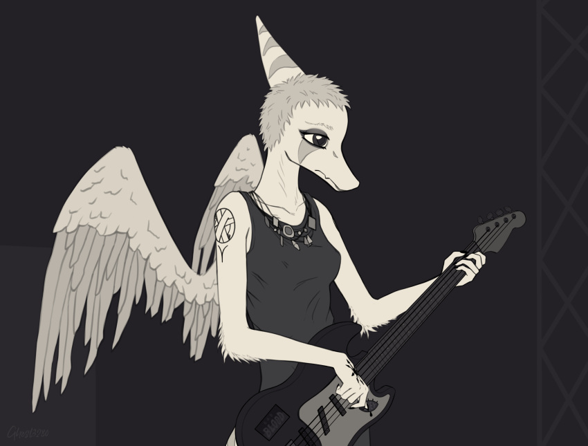 absurd_res anthro bass_guitar black_makeup blank_stare breasts cavemanon_studios closed_eyes clothed clothing elbow_feathers fang_(gvh) feathered_wings feathers female fingers frill_(anatomy) ghost3280 goodbye_volcano_high guitar guitar_pick hair hi_res musical_instrument notched_wings pale_body performance playing_music plucked_string_instrument prehistoric_species pterodactylus pterosaur reptile sad scalie short_hair short_tail silver_hair skinny slim snoot_game snout solo solo_focus stage string_instrument tail wings