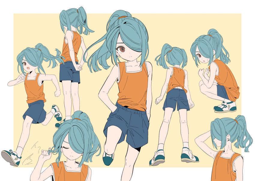 1boy arms_behind_back bare_shoulders blue_hair blue_shorts border brown_eyes closed_eyes closed_mouth commentary covered_eyes ebi_(shrimp_eleven) hair_over_one_eye hair_tie hand_in_own_hair hand_in_pocket highres hot inazuma_eleven_(series) inazuma_eleven_go kazemaru_ichirouta leg_up long_hair looking_ahead looking_at_viewer male_focus multicolored_footwear multiple_views one_eye_covered open_mouth orange_tank_top otoko_no_ko outside_border ponytail running shirt shoes shorts sleeveless sleeveless_shirt sneakers sweat tank_top white_border