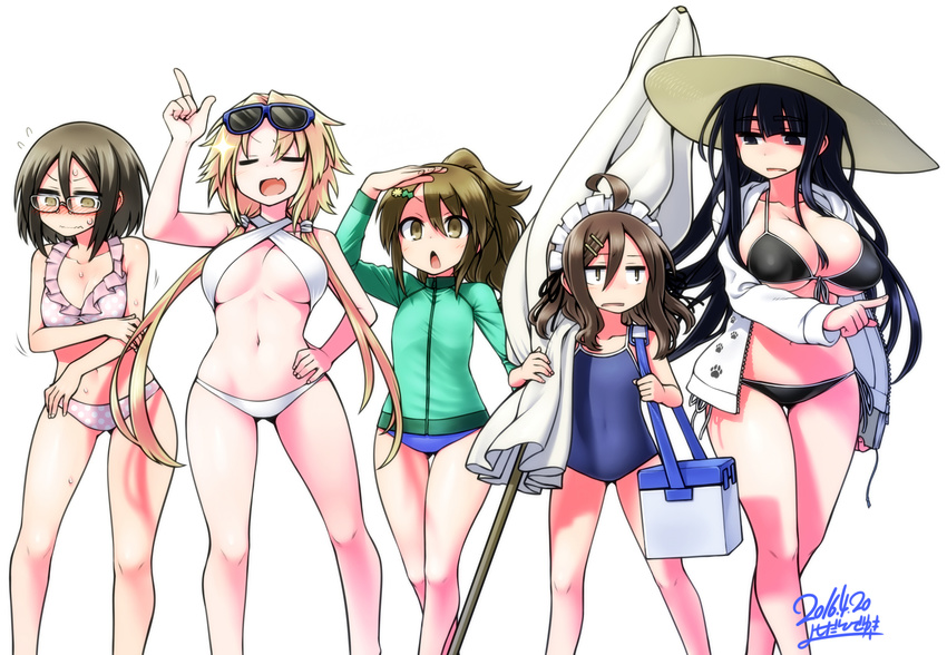 5girls arm_up beach_umbrella bikini black_bikini black_eyes black_hair blonde_hair blush breasts brown_eyes brown_hair chestnut_mouth closed_eyes closed_umbrella commentary_request competition_school_swimsuit cooler criss-cross_halter crossed_arms embarrassed eyewear_on_head flying_sweatdrops glasses hair_ornament hairclip halterneck hand_on_own_hip hat highres himekawa_hinari hizato_akari hood hoodie inuyama_kuroe jacket large_breasts long_hair long_sleeves looking_at_another looking_down maid_headdress multiple_girls navel one-piece_swimsuit open_clothes open_hoodie open_jacket open_mouth original school_swimsuit side_ponytail smile sun_hat sunglasses sweatdrop swimsuit track_jacket twintails umbrella urakaba_momoka white_bikini yamada_yoshino yoshida_hideyuki