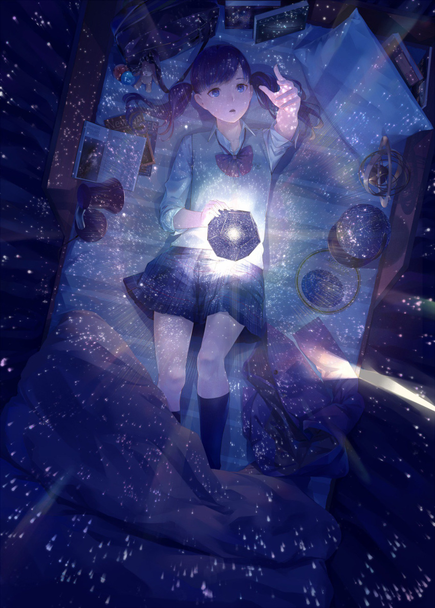 aquila_(constellation) armillary_sphere awestruck bag bag_charm bed bed_sheet blue_eyes blue_skirt book bow celestial_globe cepheus_(constellation) charm_(object) collared_shirt commentary_request constellation cygnus_(constellation) dark desk_lamp dodecahedron female foreshortening from_above grey_vest hand_up hercules_(constellation) highres jacket kneehighs lamp light_particles looking_at_hand lying lyra_(constellation) on_back on_bed open_book original outstretched_arm parted_lips plaid plaid_skirt planetarium projector purple_hair school_bag school_uniform shirt skirt sleeves_rolled_up socks solo sousou_(sousouworks) star_chart stargazing twintails unworn_jacket vest white_shirt wing_collar