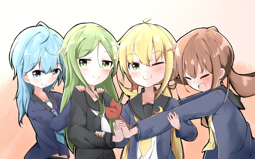 4girls ;) absurdres black_serafuku blonde_hair blue_eyes blue_hair blush brown_hair closed_eyes commentary_request crescent crescent_hair_ornament crescent_pin fumizuki_(kancolle) fumizuki_kai_ni_(kancolle) green_eyes green_hair hair_ornament highres jacket kantai_collection long_hair midriff minazuki_(kancolle) multiple_girls nagatsuki_(kancolle) natsuyoshi_(natsun) navel necktie one_eye_closed ponytail satsuki_(kancolle) satsuki_kai_ni_(kancolle) school_uniform serafuku smile twintails white_necktie yellow_eyes