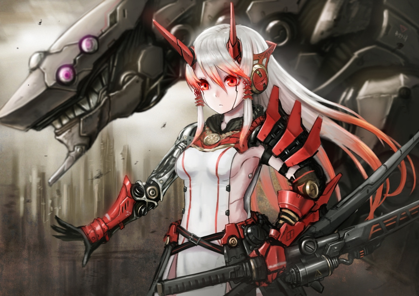 black_gloves breasts colored_skin commentary_request demon_horns extra_eyes female gauntlets gloves gradient_hair headphones horns joints kai_(ootamuno12) long_hair mecha_musume medallion multicolored_hair original prosthesis prosthetic_arm red_eyes red_hair robot_joints sheath sheathed shoulder_spikes side_slit sideboob small_breasts solo spikes sword teeth vambraces weapon white_hair white_skin