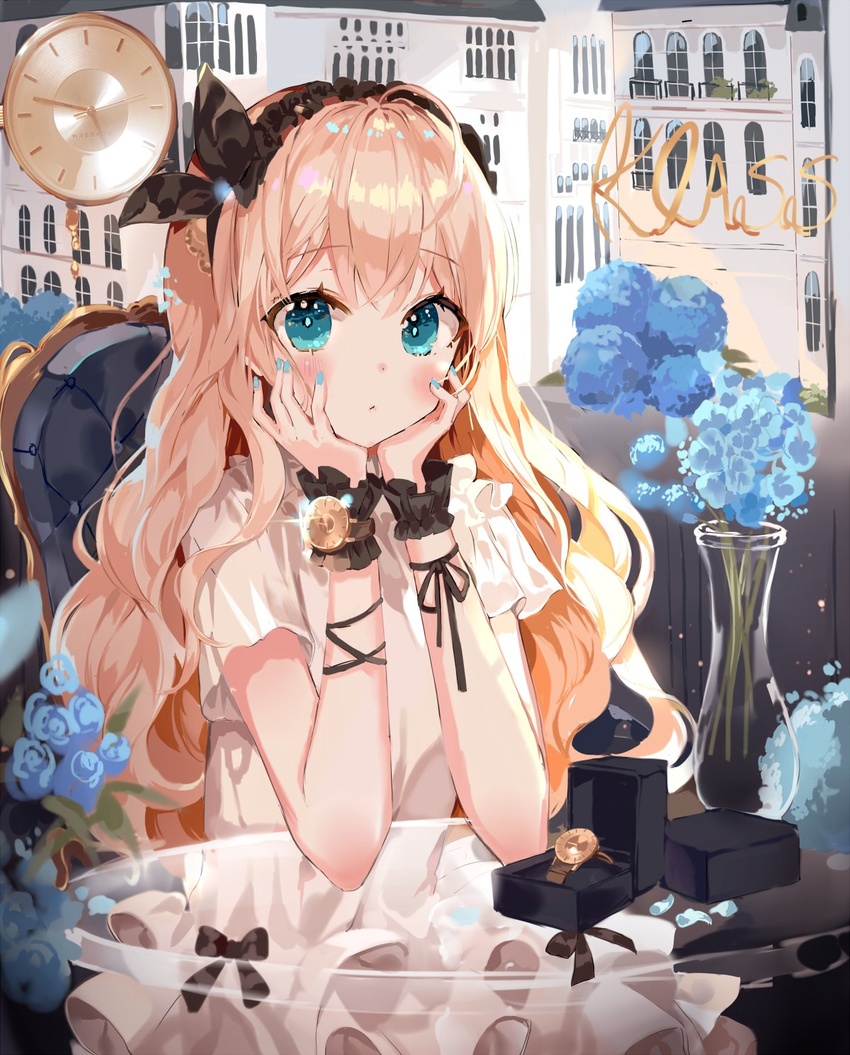 ahoge b_rock bad_id bad_twitter_id black_bow black_ribbon blonde_hair blue_eyes blue_flower blue_nails blue_rose blush bow box closed_mouth curly_hair female fingernails flower hairband hands_on_own_cheeks hands_on_own_face hands_up head_rest highres klasse14 long_hair looking_at_viewer nail_polish ribbon rose solo table vase watch wrist_cuffs wristwatch