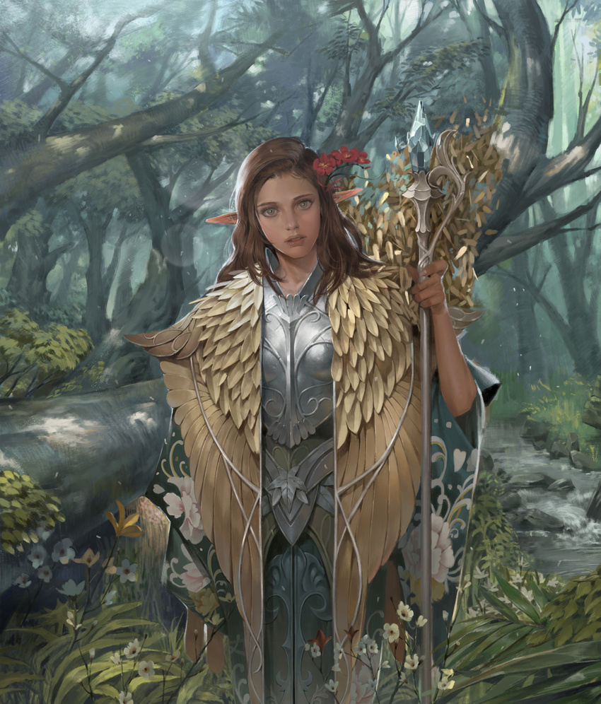 armor aryun blue_eyes breastplate brown_hair dappled_sunlight elf female flower forest hair_flower hair_ornament highres long_hair nature original photorealistic pointy_ears realistic solo staff sunlight