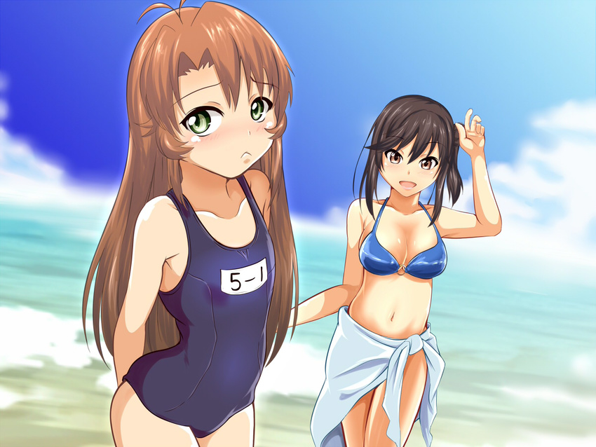 2girls antenna_hair beach bikini black_hair blue_sarong blush breasts brown_eyes brown_hair cleavage commentary_request day flat_chest green_eyes ichijou_hotaru koshigaya_komari kurorettsu long_hair looking_at_viewer multiple_girls navel non_non_biyori o-ring o-ring_top ocean one-piece_swimsuit open_mouth outdoors sarong school_swimsuit shiny_skin side_ponytail swimsuit water