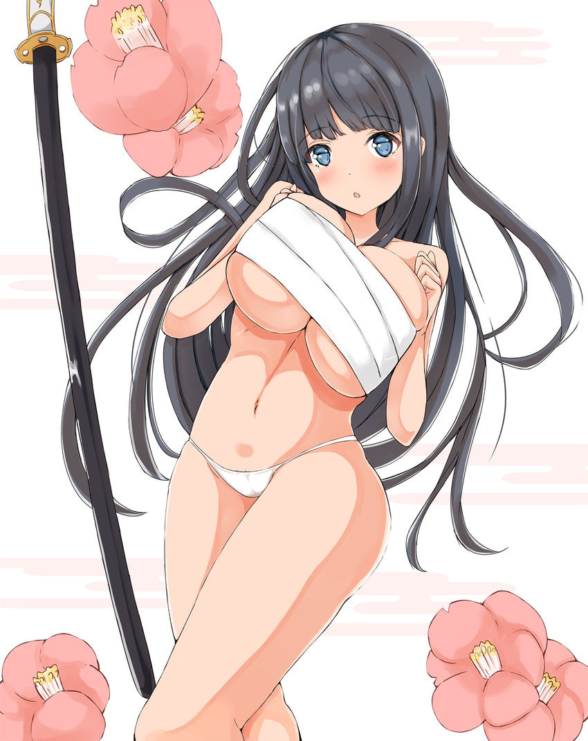 absurdres arykei black_hair blue_eyes blush breasts budget_sarashi cleavage commentary_request female flower hibiscus highres huge_breasts ikaruga_(senran_kagura) long_hair navel open_mouth panties revision sarashi senran_kagura senran_kagura_shoujo-tachi_no_shin'ei solo underboob underwear white_panties