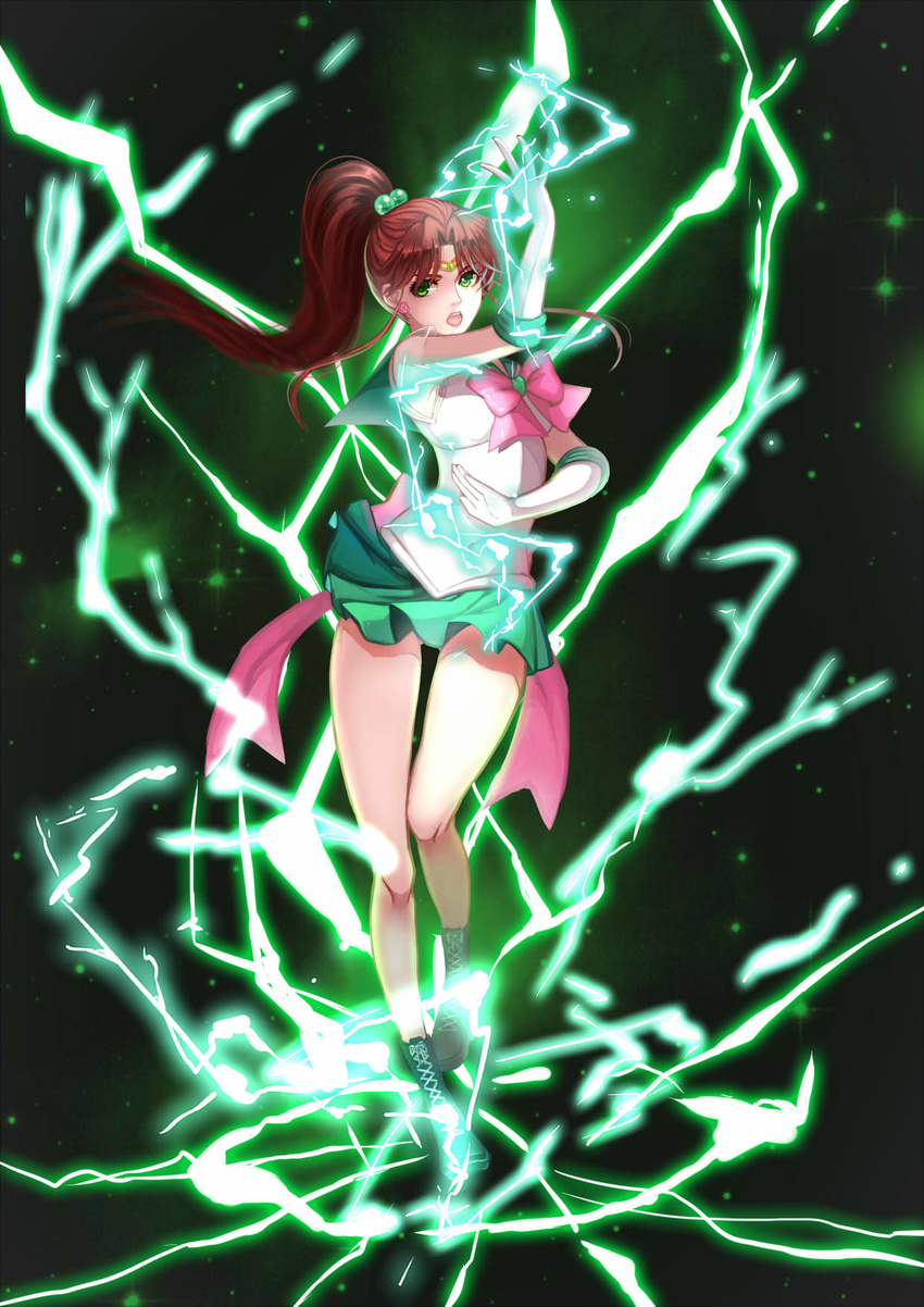 :o ankle_boots back_bow bare_legs bishoujo_senshi_sailor_moon boots bow brooch brown_hair commentary cross-laced_footwear douyougen earrings elbow_gloves electricity electrokinesis female flower_earrings full_body gloves green_eyes green_footwear green_sailor_collar green_skirt hair_bobbles hair_ornament heart heart_brooch high_ponytail highres jewelry kino_makoto lace-up_boots long_hair magical_girl pink_bow ponytail sailor_collar sailor_jupiter sailor_senshi_uniform serious sidelocks skirt solo super_sailor_jupiter tiara white_gloves