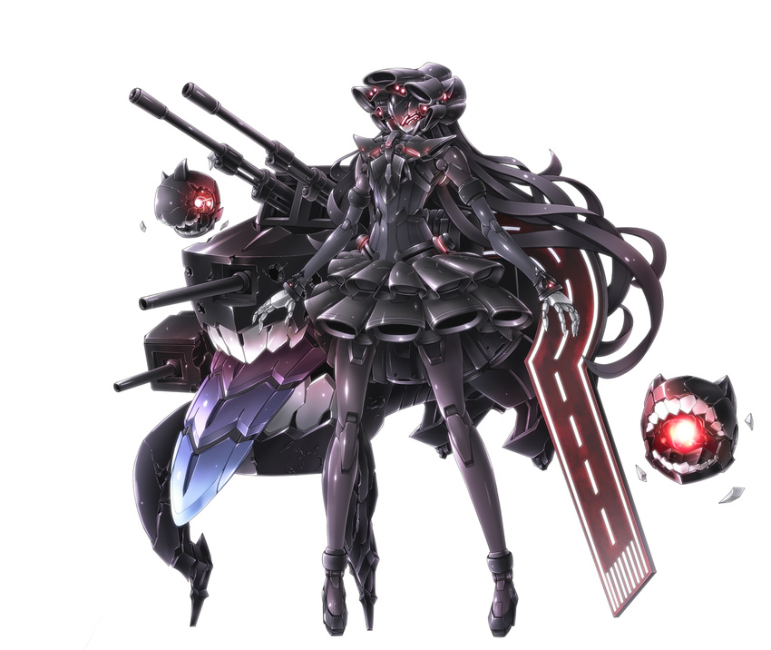 abyssal_ship black_hair commentary_request enemy_aircraft_(kancolle) female gothic_lolita highres horns isolated_island_oni kantai_collection lolita_fashion long_hair mecha mechanization red_eyes robot solo takamaru_(taka1220) turret white_background