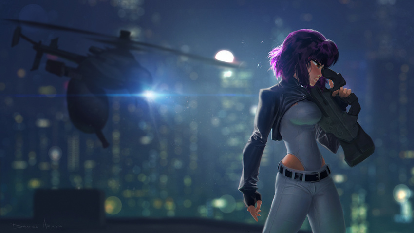 aircraft artstation_sample bad_link belt breasts city cropped_jacket danny_araya female ghost_in_the_shell gun helicopter highres image_sample jacket jigabachi kusanagi_motoko large_breasts lens_flare leotard pants photoshop_(medium) purple_hair solo spotlight weapon