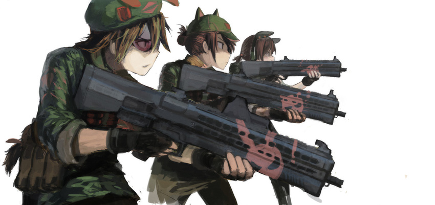 3girls animal_ears beret blonde_hair brown_hair cat_ears commentary decal ergot glasses group_picture group_profile gun hair_bobbles hair_ornament hat helmet lineup load_bearing_vest military military_operator military_uniform multiple_girls original ponytail profile short_hair shotgun simple_background tactical_clothes uniform utas_uts-15 weapon white_background