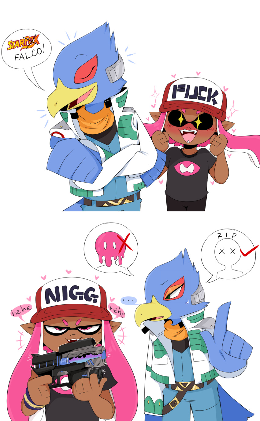 animal_humanoid avian bad_idea bird cephalopod cephalopod_humanoid clothing dark_body dark_skin duo evil_laugh falco_lombardi female gun hat headgear headwear hi_res humanoid inkling inkling_girl jinu male marine marine_humanoid mollusk mollusk_humanoid nintendo pictographics profanity ranged_weapon splatoon star_eyes star_fox super_smash_bros. super_smash_bros._ultimate text text_on_clothing text_on_hat text_on_headwear weapon