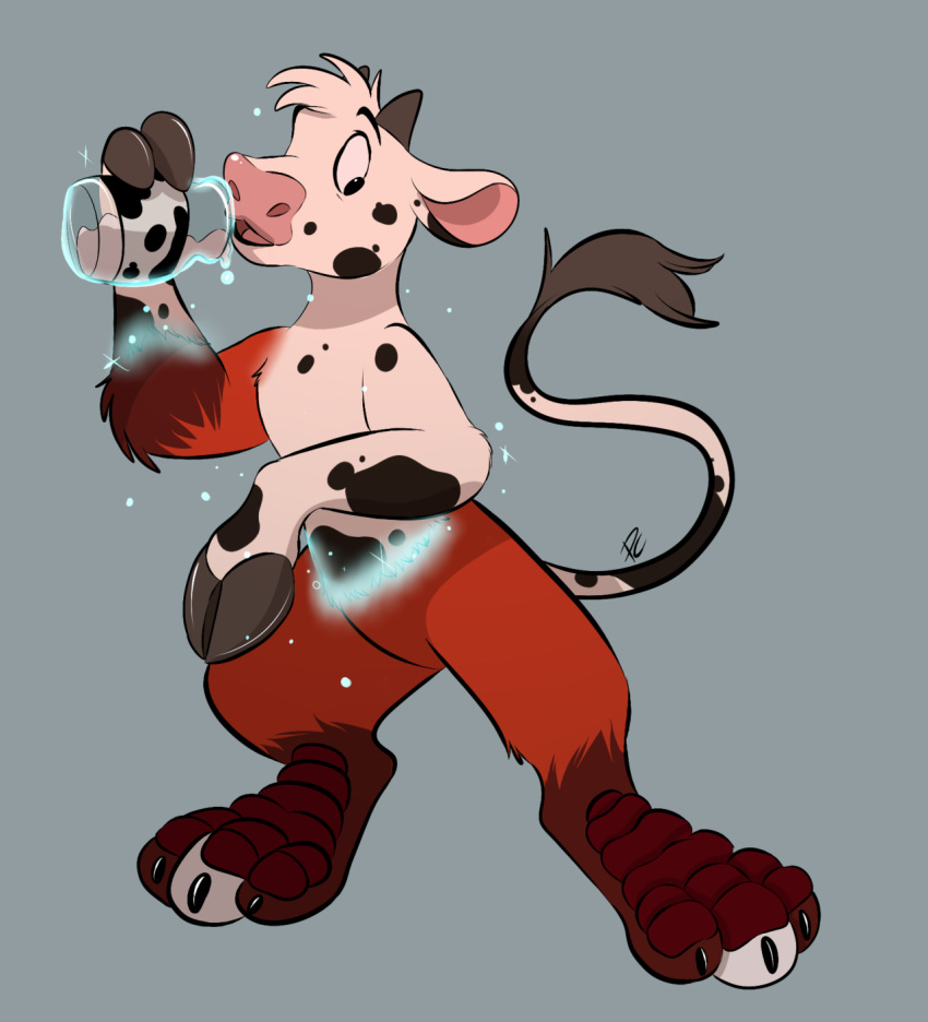 ambiguous_gender anthro bovid bovine canid canine cattle hi_res horn male mammal maned_wolf mid_transformation milk pastelcore potion simple_background solo species_transformation transformation transformation_potion