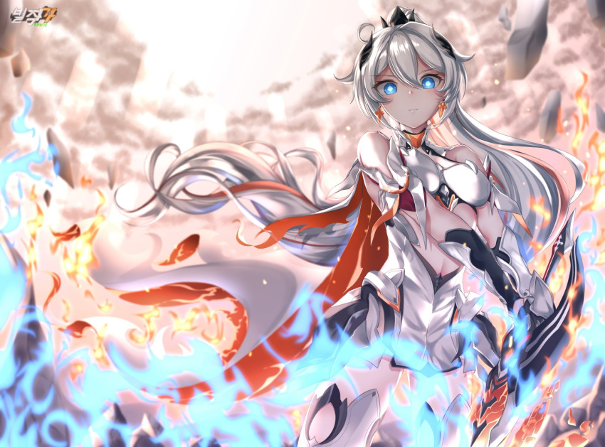 antenna_hair bare_shoulders black_gloves blue_eyes blue_fire boots breasts byeoljagga cleavage closed_mouth cloud cloudy_sky earrings female fire gauntlets gloves hair_between_eyes hair_ornament holding holding_sword holding_weapon honkai_(series) honkai_impact_3rd jewelry kiana_kaslana kiana_kaslana_(herrscher_of_flamescion) korean_commentary long_hair looking_at_viewer ponytail sky solo sword thigh_boots thighhighs weapon white_footwear white_hair