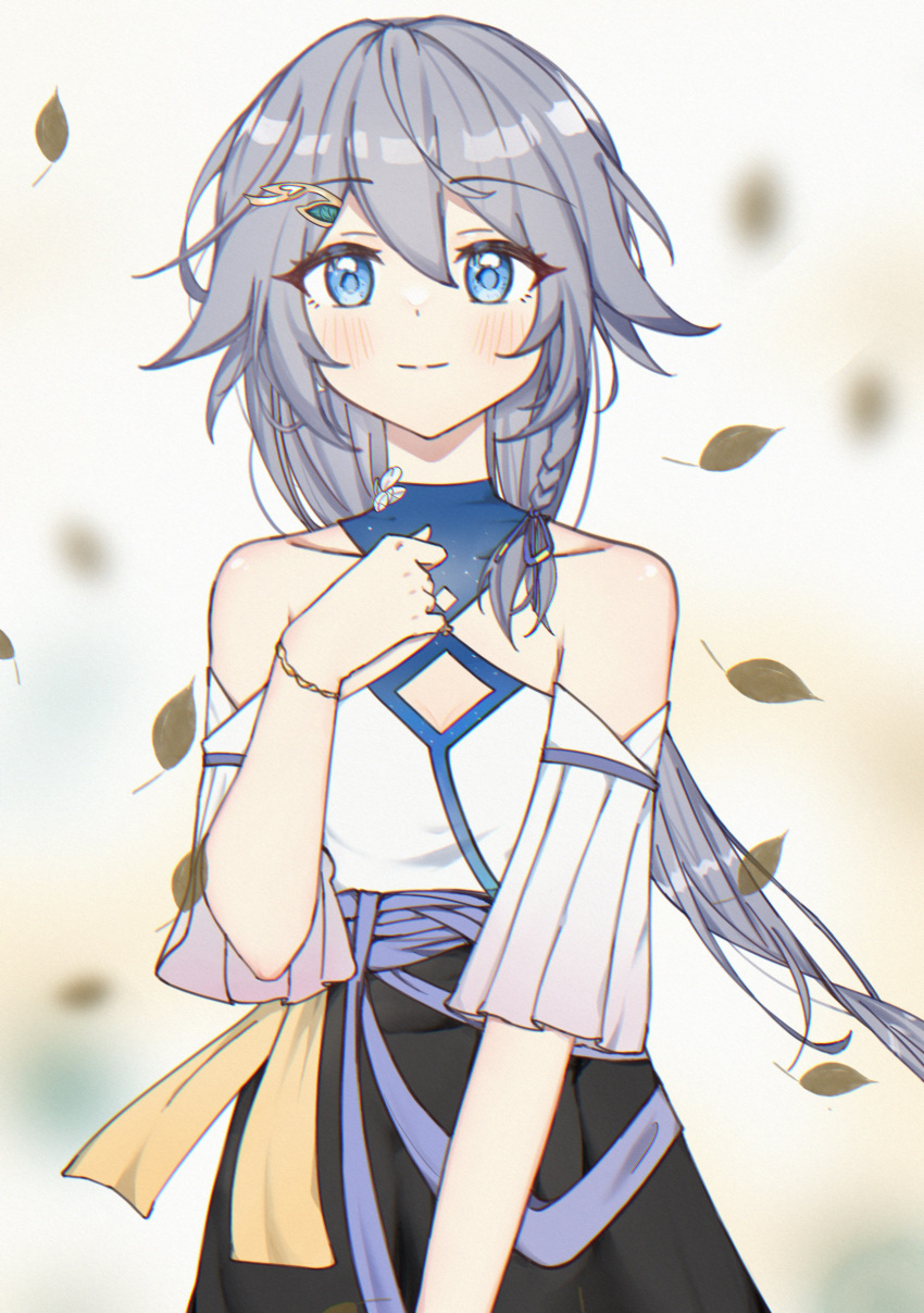 absurdres alternate_costume bare_shoulders black_skirt blue_eyes blue_hair blue_rope bracelet casual cleavage_cutout closed_mouth clothing_cutout female fu_hua grey_hair hair_between_eyes hair_ornament hairpin hand_on_own_chest highres honkai_(series) honkai_impact_3rd jewelry light_blush light_smile long_hair looking_at_viewer low-tied_long_hair low_ponytail petals ponytail qian_xii rope shirt skirt sleeves_past_elbows solo white_shirt