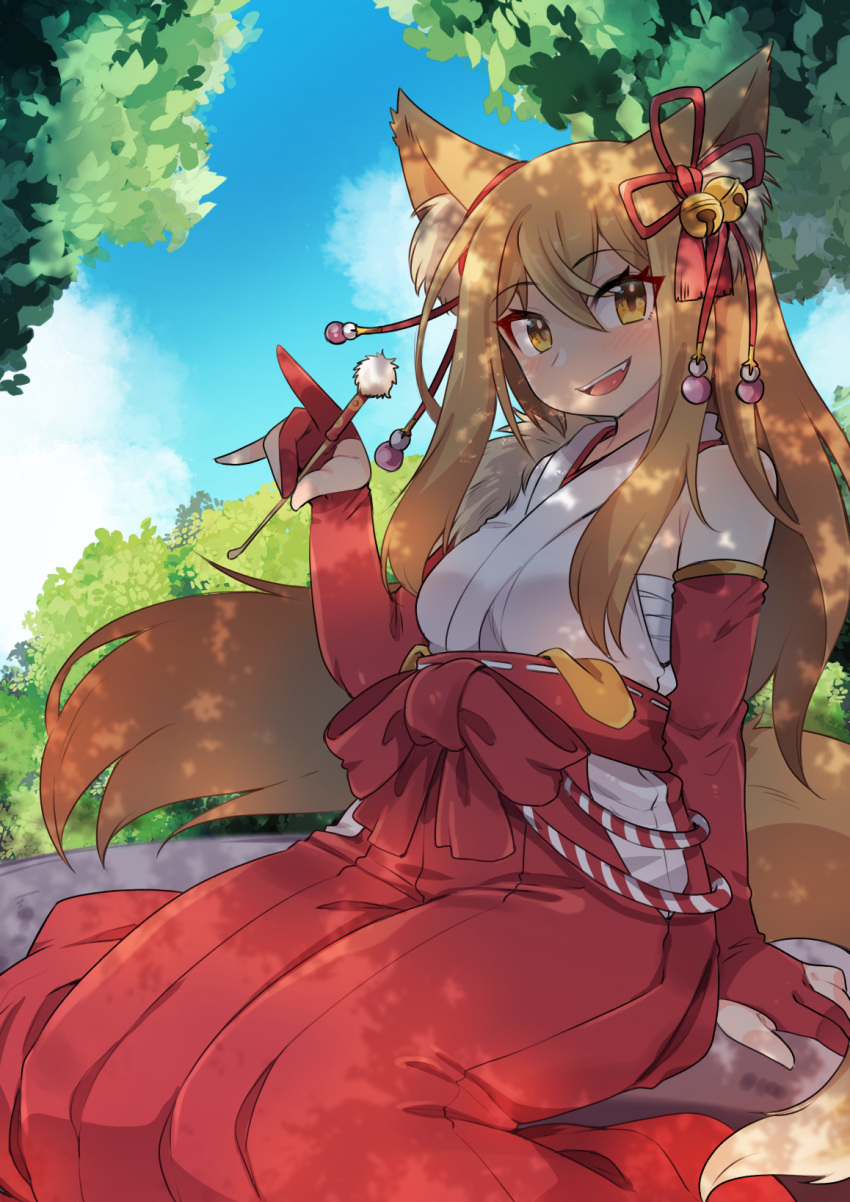 amagaeru_(hylathewet) animal_ear_fluff animal_ears bare_shoulders blonde_hair blush dappled_sunlight elbow_gloves female fox_ears fox_girl fox_shadow_puppet fox_tail gloves hakama hakama_skirt highres hip_vent japanese_clothes kimono long_hair miko mimikaki multiple_tails nature open_mouth outdoors partially_fingerless_gloves red_gloves red_hakama sarashi sitting skirt smile solo sunlight tail ten_(tomimian) tomimian tree white_kimono yellow_eyes