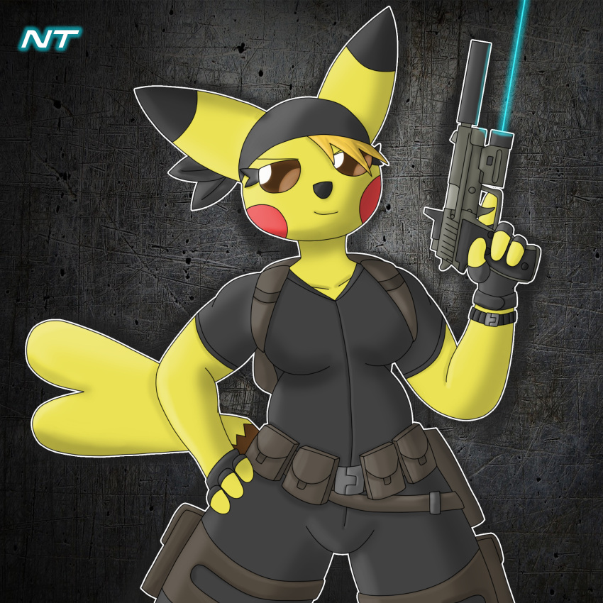 1:1 anthro backpack bandana bandanna_on_forehead belt black_clothing brown_eyes clothed clothing eyelashes female fingerless_gloves fully_clothed generation_1_pokemon gloves gun hair hand_on_hip handgun handwear head_tuft hi_res holding_gun holding_object holding_ranged_weapon holding_weapon holster kerchief laser_pointer looking_at_viewer mammal murid murine ninjatreecko nintendo pikachu pokemon pokemon_(species) pokemorph portrait pouches ranged_weapon rodent silencer smile smirk solo spark_elektra standing stealth_suit three-quarter_portrait tuft utility_belt weapon yellow_body