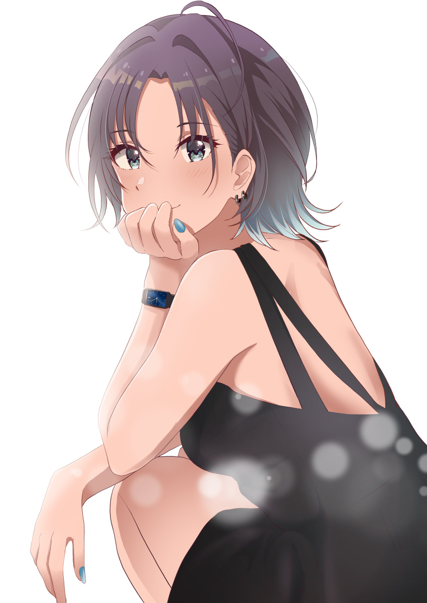 absurdres antenna_hair arm_rest asakura_toru bare_back black_dress blue_eyes blush breasts dress ear_piercing female highres idolmaster idolmaster_shiny_colors light_particles looking_at_viewer looking_back medium_breasts multicolored_hair nail_polish parted_bangs piercing rrtp short_hair simple_background sleeveless sleeveless_dress smile solo squatting two-tone_hair watch white_background