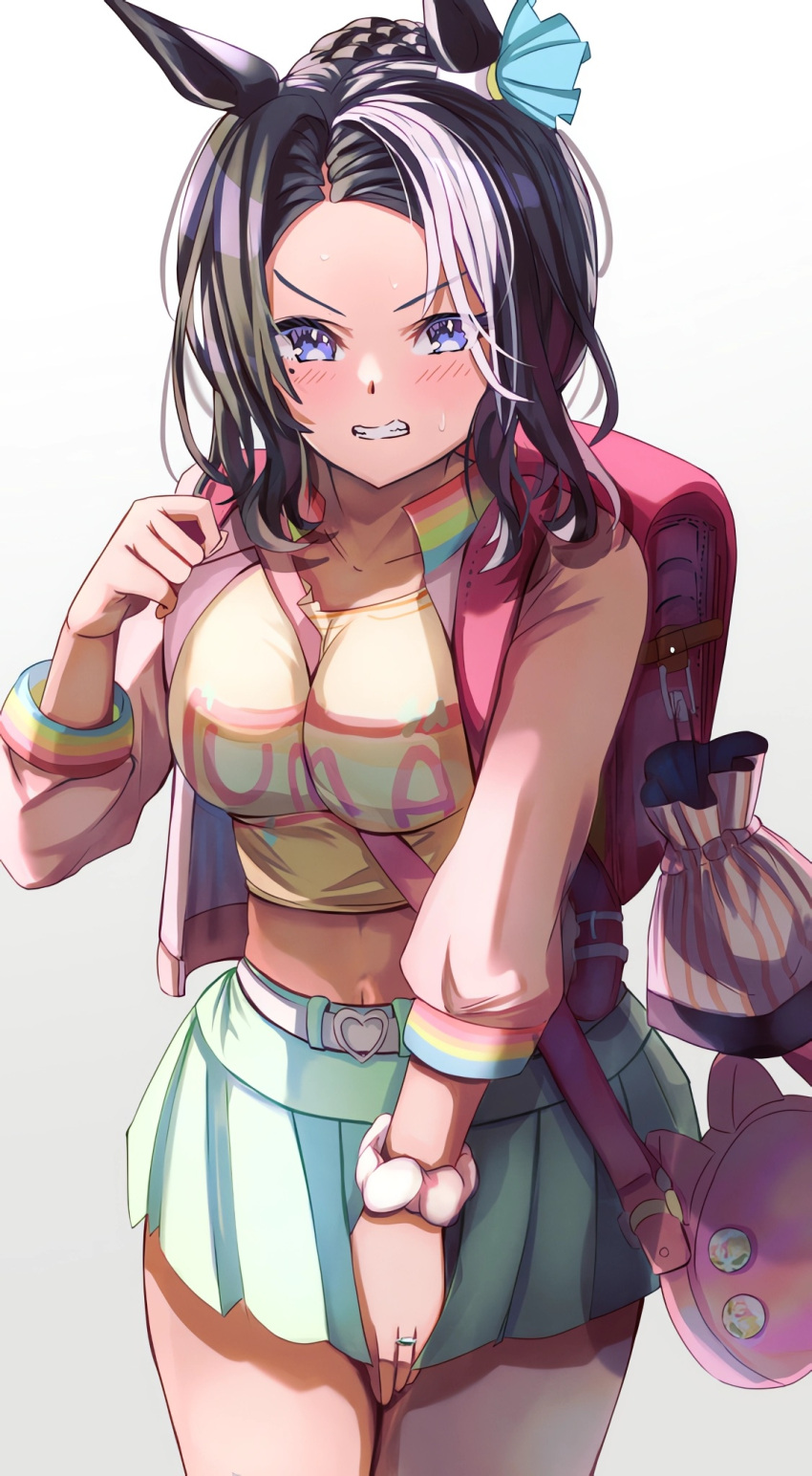 agnes_digital_(umamusume) agnes_digital_(umamusume)_(cosplay) alternate_costume animal_ears bad_id bad_pixiv_id bag black_hair blush breasts casual commentary_request cosplay covering_crotch covering_privates dress female frown glaring highres horse_ears horse_girl horse_tail kamome_(aiou0413) large_breasts mejiro_ramonu_(umamusume) midriff mole mole_under_eye navel purple_eyes simple_background solo sweat tail umamusume undersized_clothes white_background