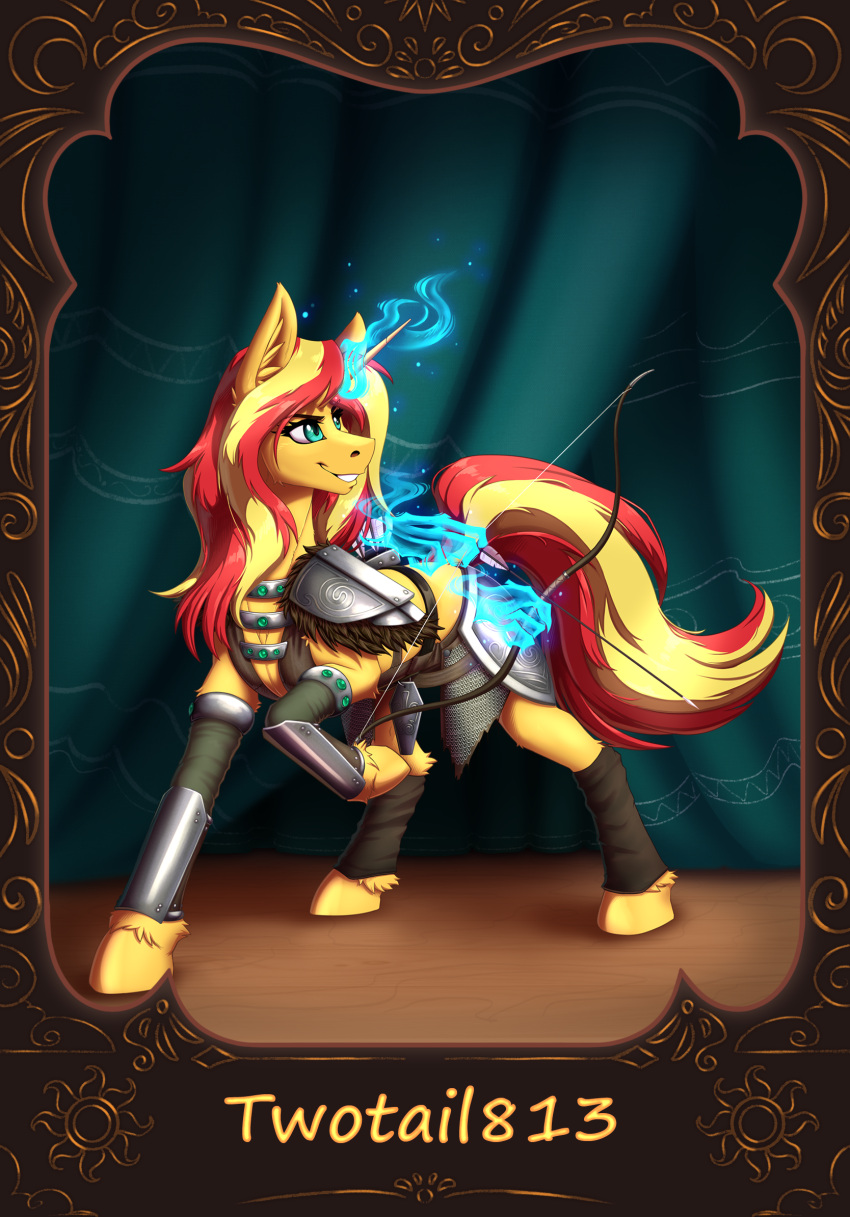 aela_the_huntress armor arrow_(weapon) bethesda_game_studios blonde_hair blue_eyes bow_(weapon) cosplay equestria_girls equid equine female glowing hair hasbro hi_res hooves horn magic magic_hands mammal microsoft multicolored_hair my_little_pony mythological_creature mythological_equine mythology ranged_weapon red_hair skyrim smile solo sunset_shimmer_(eg) the_elder_scrolls two_tone_hair twotail813 unicorn weapon