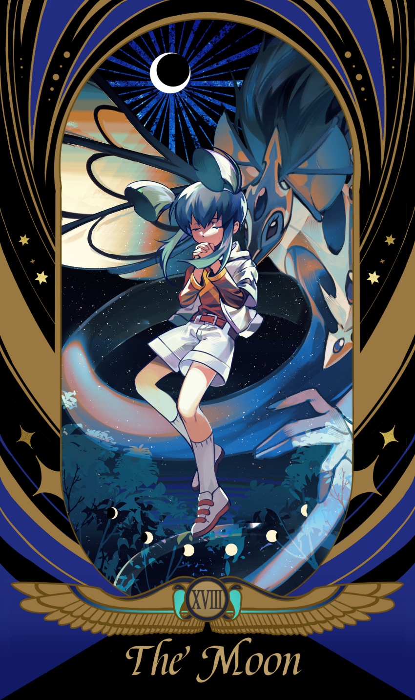 absurdres ancient_fairy_dragon border dragon duel_monster english_text female full_body full_moon highres interlocked_fingers luca_(yu-gi-oh!) moon own_hands_clasped own_hands_together palms_together praying revision roman_numeral shoes short_hair shorts sky sneakers socks solo_focus ssbaby star_(sky) starry_sky tarot tarot_(medium) the_moon_(tarot) white_shorts yu-gi-oh! yu-gi-oh!_5d's