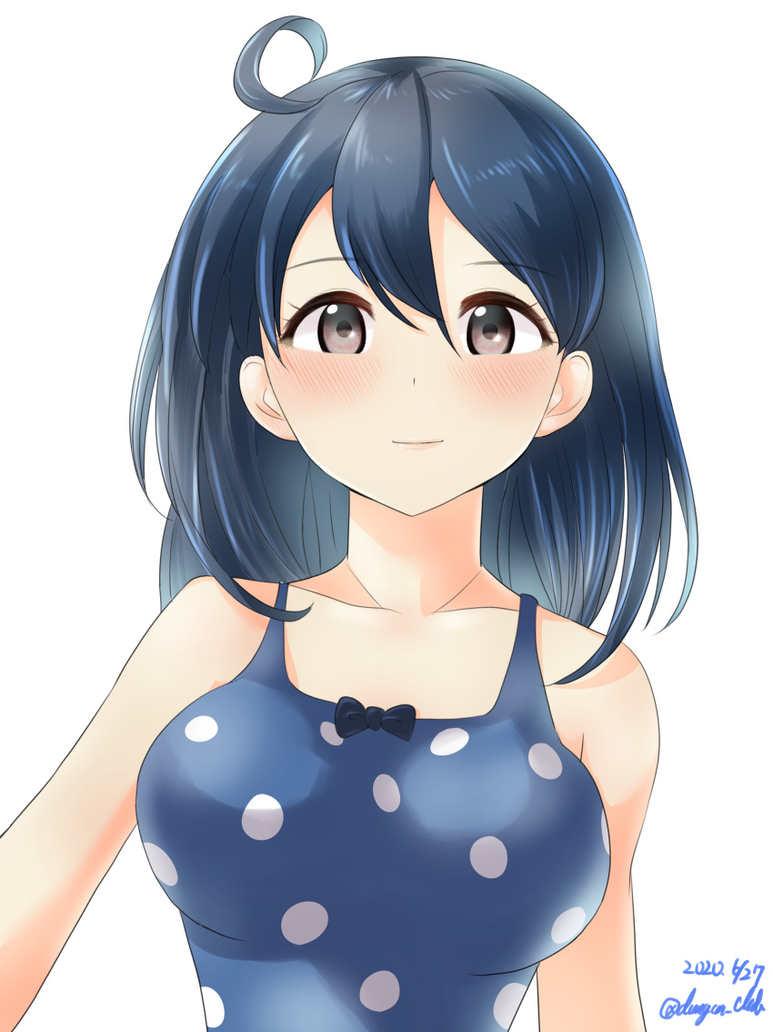 absurdres black_hair blue_one-piece_swimsuit blush breasts brown_eyes casual_one-piece_swimsuit collarbone dangan_kurabu dated eyelashes female hair_between_eyes highres kantai_collection large_breasts lips long_hair looking_at_viewer one-piece_swimsuit polka_dot polka_dot_swimsuit simple_background smile solo swimsuit twitter_username upper_body ushio_(kancolle) ushio_(swimsuit_mode)_(kancolle) white_background