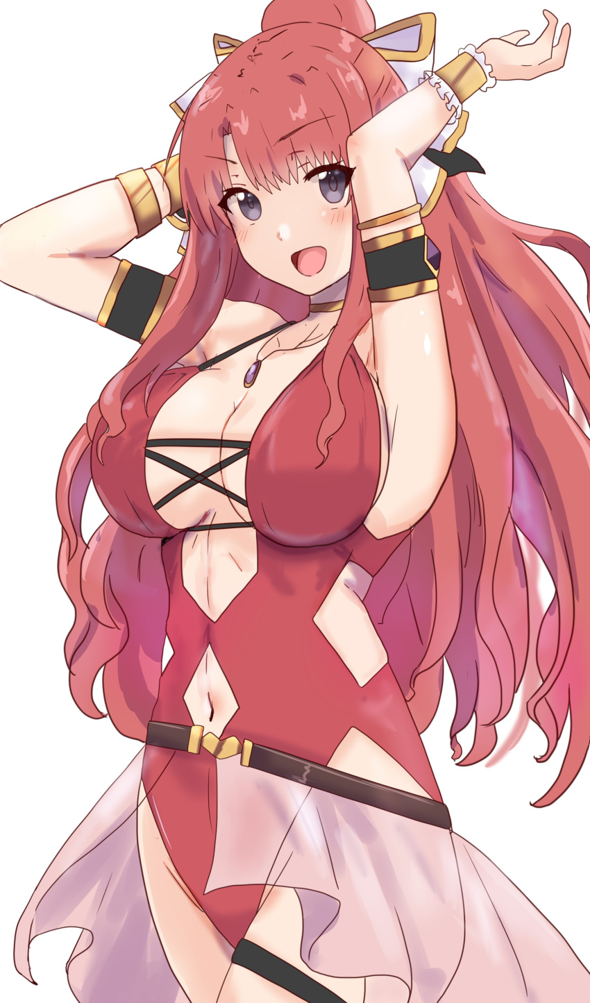 :d absurdres akino_(princess_connect!) akino_(summer)_(princess_connect!) black_eyes blush breasts casual_one-piece_swimsuit ekaki_kukuma female highres jewelry large_breasts long_hair navel necklace one-piece_swimsuit open_mouth princess_connect! red_hair red_one-piece_swimsuit simple_background smile solo swimsuit white_background