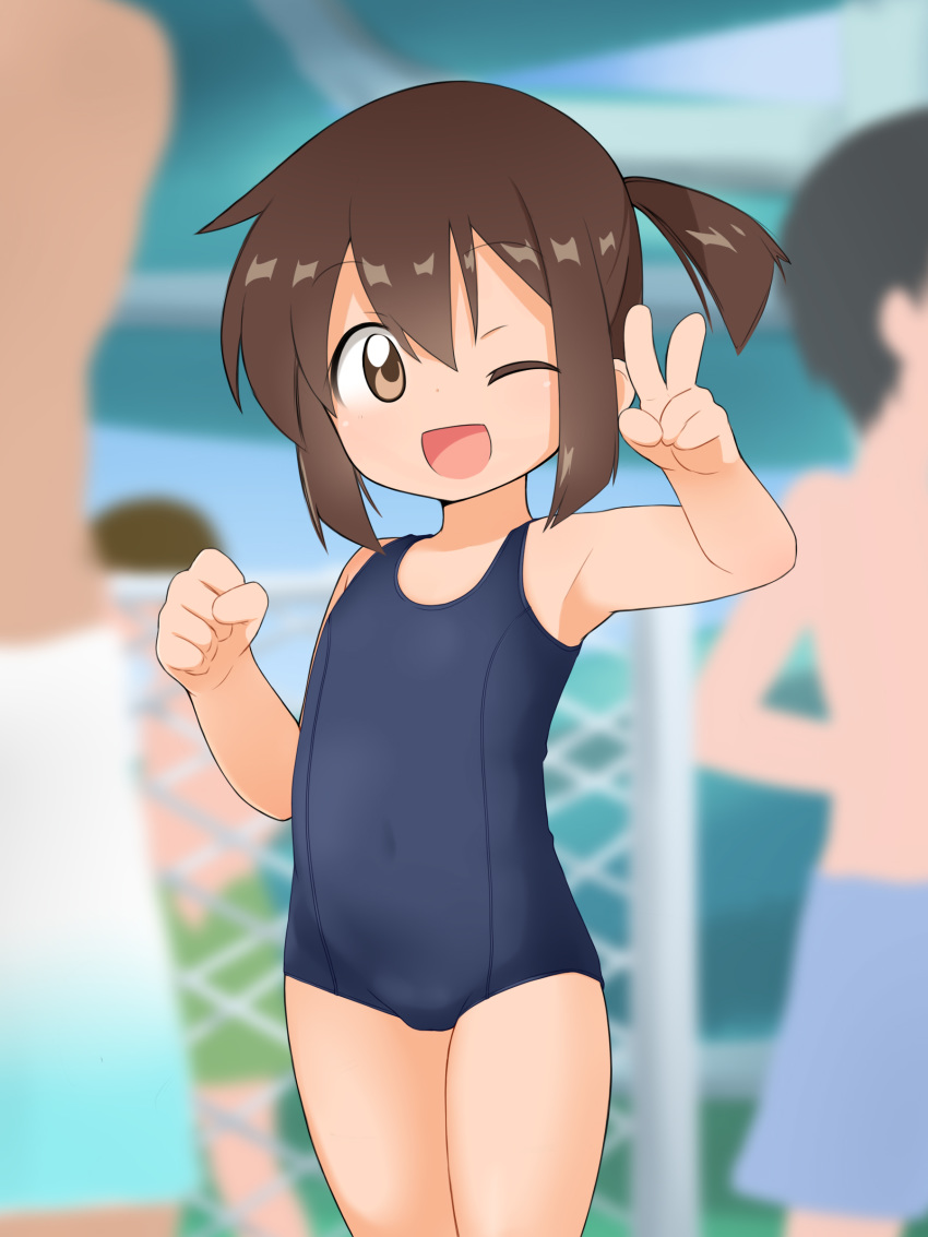 3boys ;d absurdres armpits arms_up bad_id bad_pixiv_id bakusou_kyoudai_let's_&_go!! blue_one-piece_swimsuit brown_eyes brown_hair commentary_request covered_navel female flat_chest highres lolicon multiple_boys new_school_swimsuit one-piece_swimsuit one_eye_closed open_mouth outdoors ponytail sagami_jun school_swimsuit short_hair smile solo_focus swimsuit uno_(mon_chat_noir) v