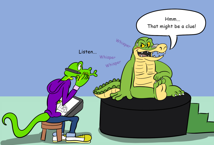 2023 3_toes 4_fingers alligator alligatorid anthro blush bottomwear brok_(brok_the_investigator) brok_the_investigator clothed clothed/nude clothing cowcat_games crocodilian dialogue duo english_text feet fingers green_body hi_res hoodie humanoid_hands jolly_the_lizard life_drawing lizard male nude pants reptile scalie sitting slightly_chubby text toes topwear