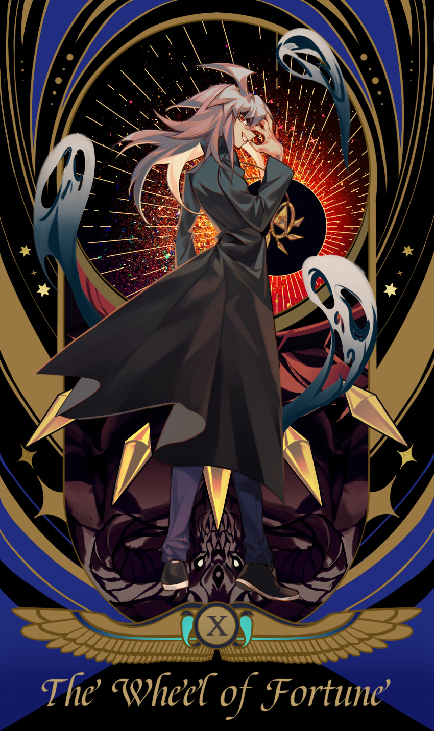 1boy absurdres border coat duel_monster english_text evil_smile full_body ghost grey_hair highres long_hair looking_at_viewer male_focus millennium_ring open_clothes open_coat red_eyes revision revival_jam roman_numeral smile solo_focus spirit ssbaby tarot tarot_(medium) wheel_of_fortune_(tarot) yami_bakura yu-gi-oh! zorc_necrophades