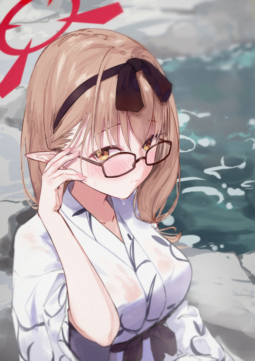 absurdres adjusting_hair bath_yukata black-framed_eyewear black_hairband blue_archive blush breasts chinatsu_(blue_archive) chinatsu_(hot_spring)_(blue_archive) closed_mouth collarbone commentary_request female glasses hairband halo hand_up highres japanese_clothes kimono ksagi large_breasts light_brown_hair long_hair looking_at_viewer official_alternate_costume onsen pointy_ears red_halo solo sweat water wet_kimono white_kimono yellow_eyes yukata