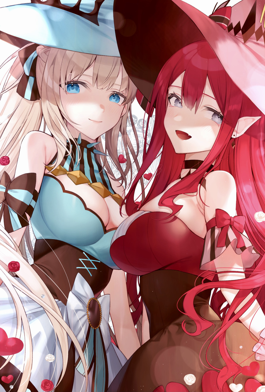 2girls baobhan_sith_(fate) baobhan_sith_(valentine_witches)_(fate) blue_eyes blue_headwear bow breasts brown_skirt cleavage closed_mouth commentary corset cowboy_shot earrings fate/grand_order fate_(series) flower grey_eyes hat heart highres jewelry koyo_akio large_breasts long_hair looking_at_viewer morgan_le_fay_(fate) morgan_le_fay_(valentine_witches)_(fate) multiple_girls open_mouth pink_headwear pointy_ears red_flower red_hair red_rose rose skirt smile striped striped_bow valentine waist_bow white_bow white_flower white_hair white_rose white_skirt witch_hat