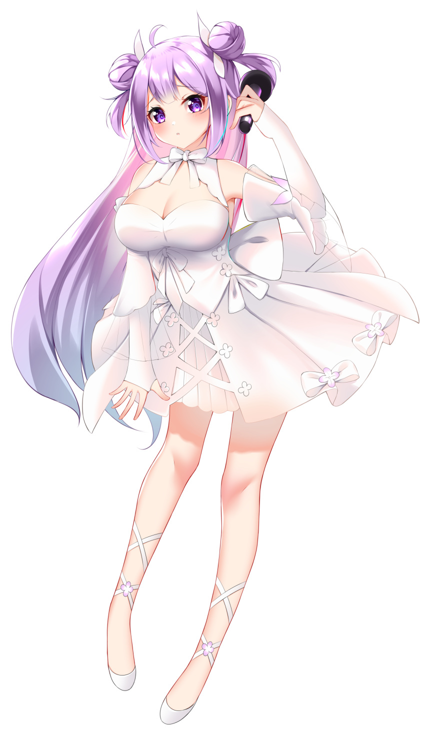 :o absurdres alternate_breast_size azur_lane blush breasts catnnn chinese_commentary cleavage commentary detached_sleeves double_bun dress female full_body grey_background hair_bun highres holding holding_microphone large_breasts long_hair looking_at_viewer microphone official_alternate_costume purple_eyes purple_hair short_dress solo transparent_background two_side_up unicorn_(angelic_night)_(azur_lane) unicorn_(azur_lane) very_long_hair white_dress white_footwear white_sleeves