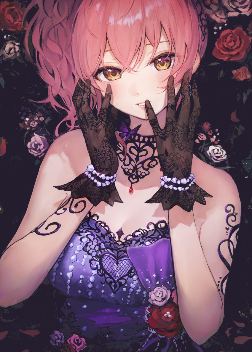 absurdres bare_shoulders black_gloves blush choker dress earrings eyelashes female gloves hands_on_own_face highres idolmaster idolmaster_cinderella_girls idolmaster_cinderella_girls_starlight_stage jewelry jougasaki_mika lace lace_gloves long_hair looking_at_viewer parted_lips pink_hair purple_dress side_ponytail smile solo strapless strapless_dress takeashiro yellow_eyes