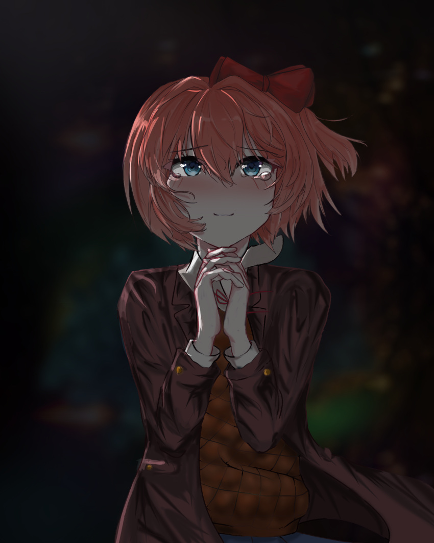 blazer blue_eyes bow brown_jacket crying crying_with_eyes_open dark doki_doki_literature_club female hairbow hands_up highres jacket nnoon open_clothes open_jacket orange_sweater_vest own_hands_together pink_hair red_bow sailor_collar sayori_(doki_doki_literature_club) school_uniform short_hair solo sweater_vest tears wind